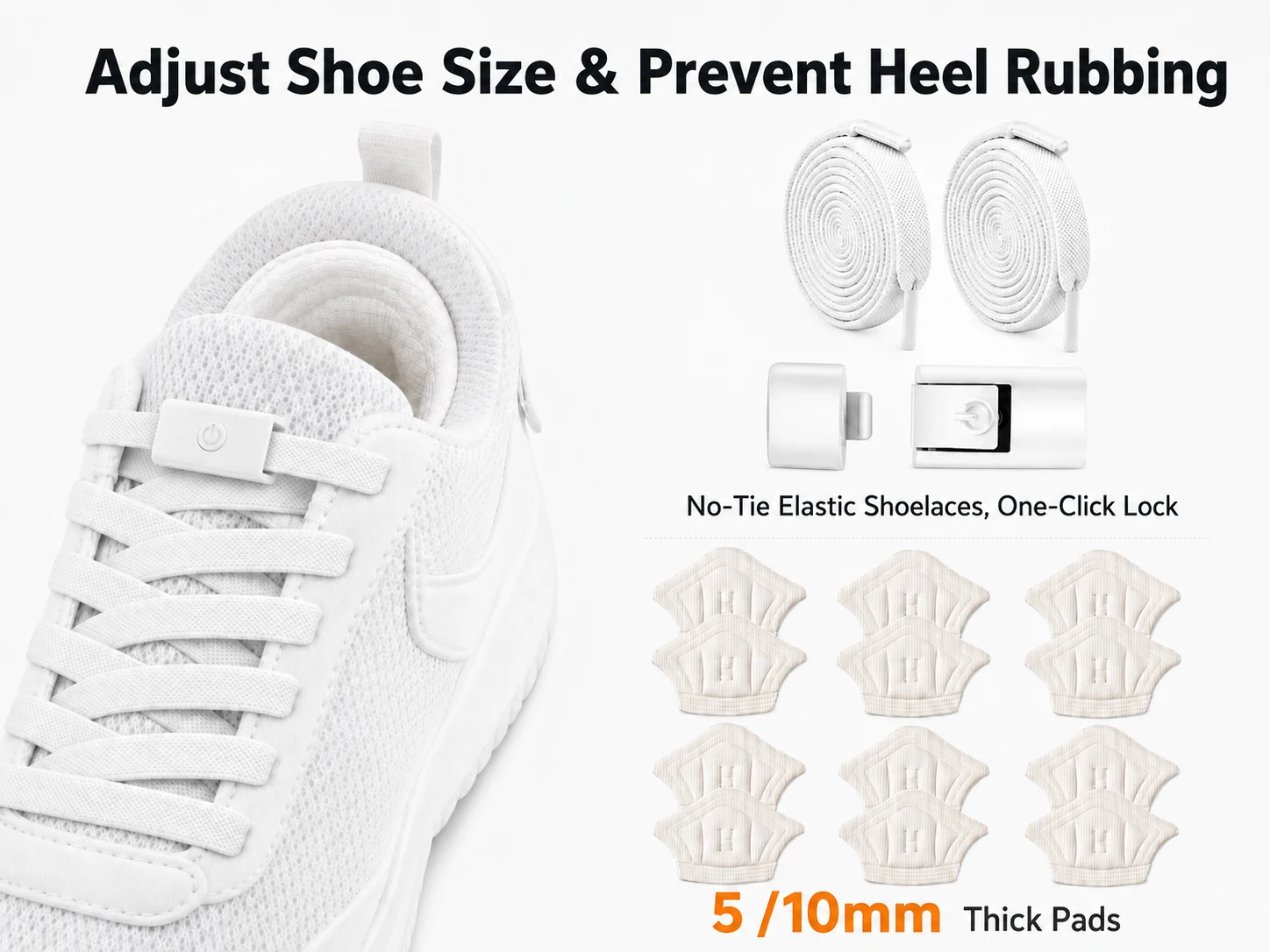 No Tie One-Click Elastic Shoelaces +5/10mm Heel Pads,6 Pairs Shoe Size Reducer Anti Rub Heel Cushion Sneaker Accessories