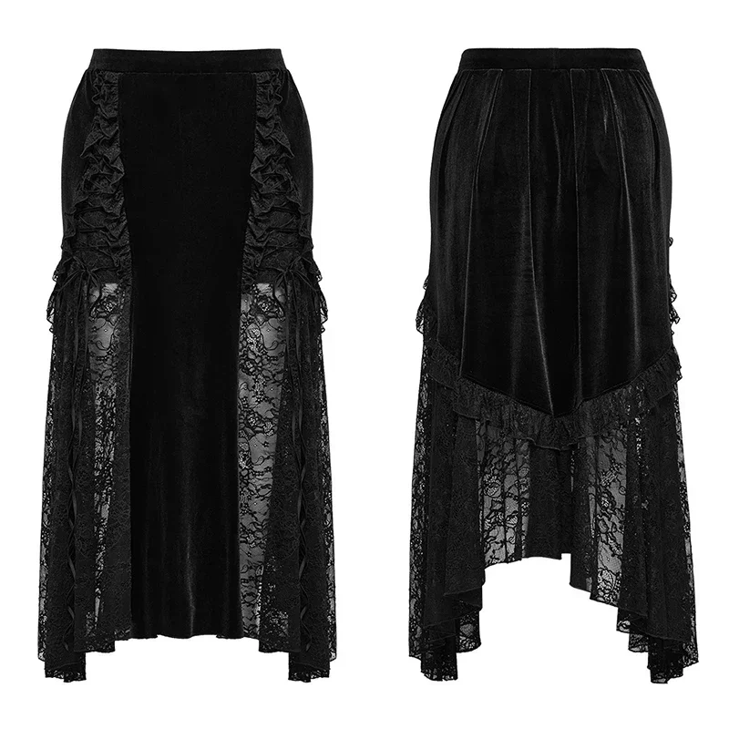 PUNK RAVE Women\'s Gothic Staggered Lace Patchwork Ruffled Velvet Skirt Gorgeous Party Club Black Long Skirts for Women Autumn