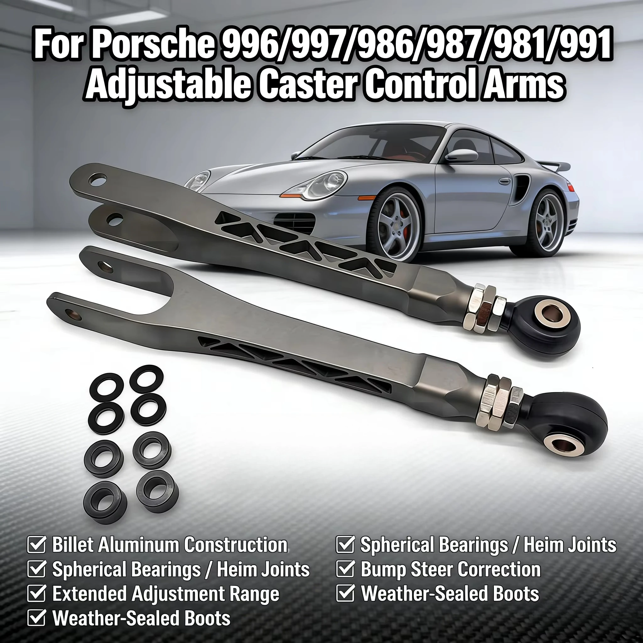 For Porsche 996/997/986/987/981/991 Adjustable Caster Control Arms – Anti-Dive Front & Anti-Squat Rear – Billet Aluminum