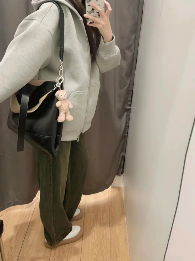 Women's Hooded Zip Up Long Sleeve Loose Jacket Fashion Oversized Casual Tops Sweatshirt Street Basic Sports Wear Vintage Clothes