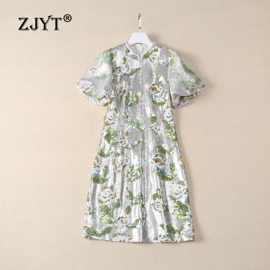 

ZJYT Luxury Sequined Shinning Party Dress Women 2024 Summer Fashion Chinese Style Stand Neck Mini Cheongsam Dresses Elegant Robe