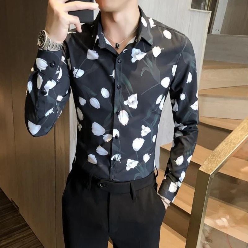 

Men Slim Fit Long Sleeve Shirt 2026 Autumn British Style Floral Printed Business Casual Handsome Top