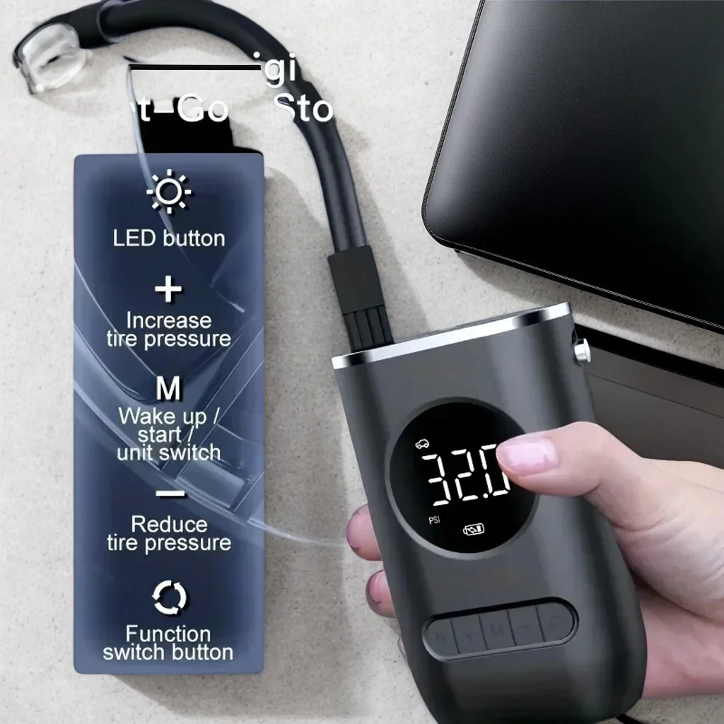 

Portable Mini Electric Tire Pump - Handheld Wireless Digital Display Inflator for Car/Motorcycle/Ball (Compact)