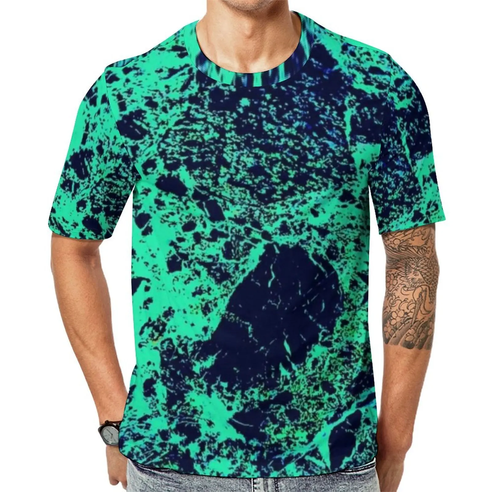 Blue Green Marble T Shirt For Male Abstract Graffiti Pattern Printed O Neck T Shirts Fashion Clothes Casual Oversized Tee Shirt