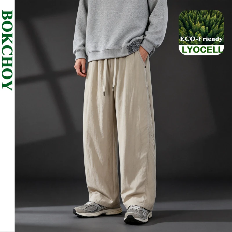 

Новые мужские повседневные тонкие брюки из лиоцелла и льна прямого кроя на весну-лето 2026 с удобным шнурком и большими карманами LX6039