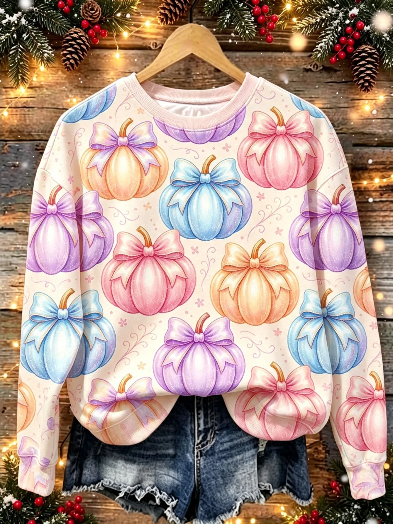 Women Long Sleeve T-shirt Christmas Plaid Patchwork Plant Print Round Neck Autumn Winter Casual Loose Tops Women's Clothes
