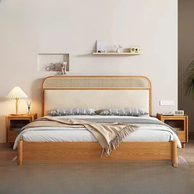 

Nordic Vine Woven Bed Solid Wood Bed 1.8m Upholstered, Quiet Wind White Wax Wood Main Bedroom Small Unit Modern Simple