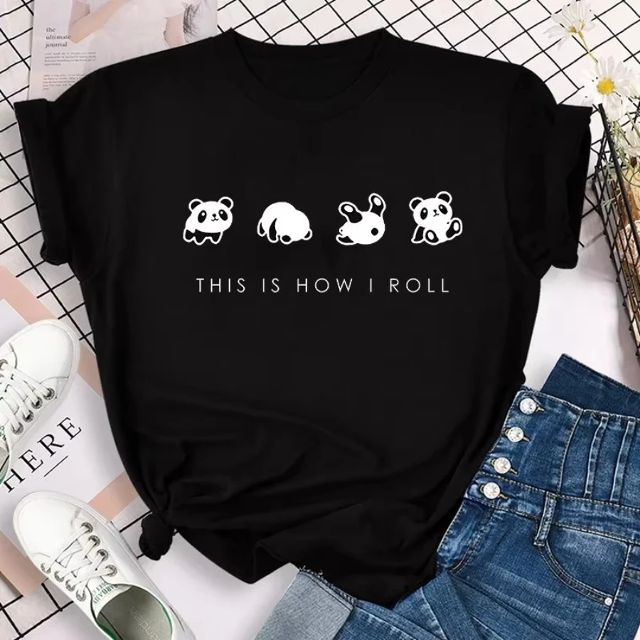 Cartoon Casual Creative T-shirt Vintage Round Neck Clothes Funny Cute Panda Printed T Shirt for Women Summer Sleeve