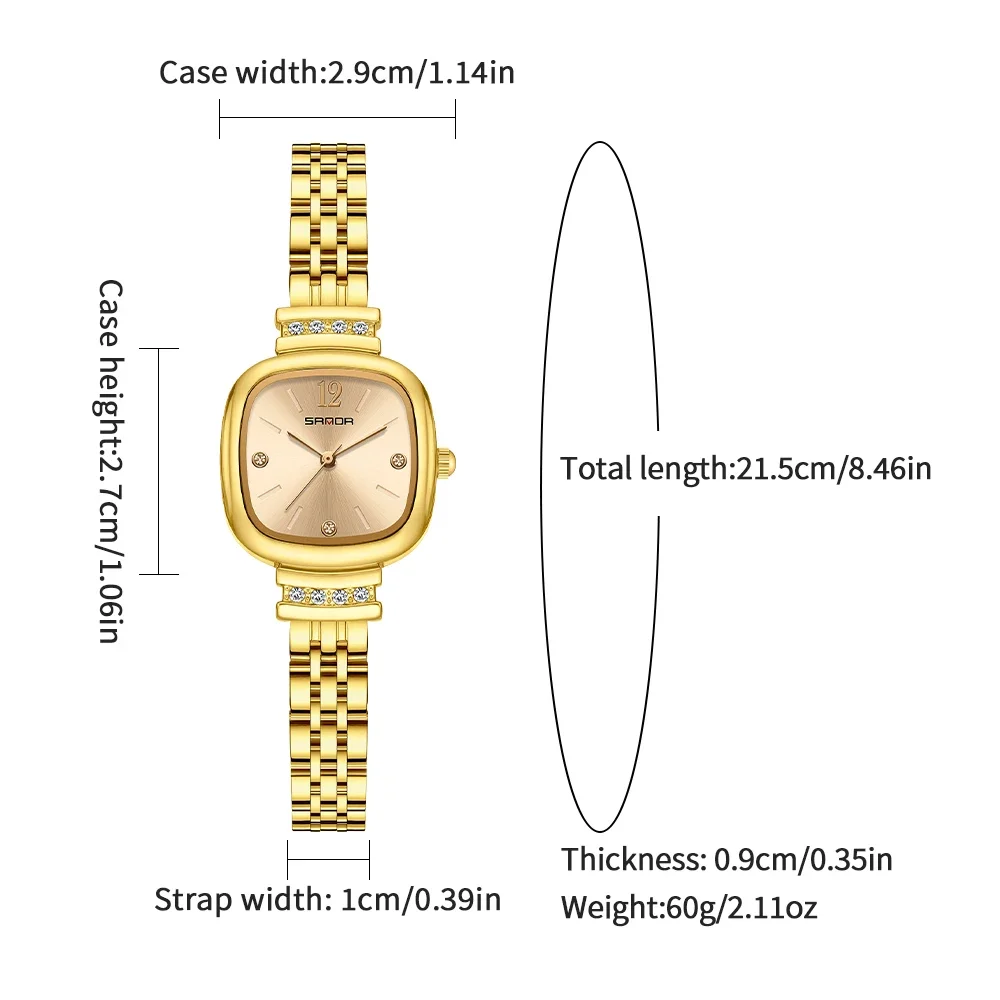 SANDA العلامة التجارية أزياء صغيرة مربع السيدات الساعات الفولاذ المقاوم للصدأ حزام الكوارتز ساعات المعصم الفاخرة للماء للنساء ساعة حائط هدية