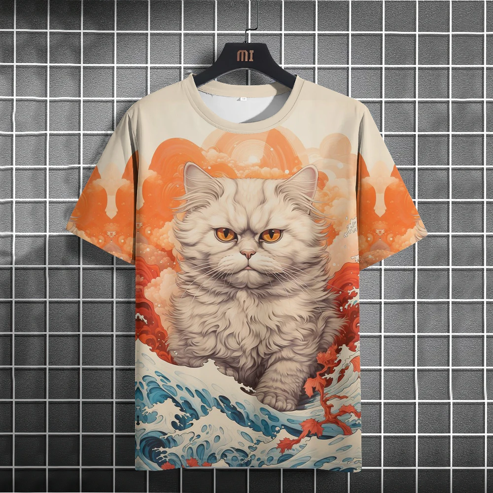 Erkekler t-shirt rahat kısa kollu üstleri japon tarzı Ukiyoe grafik giyim boy yaz giyim erkek t-shirt kedi desen