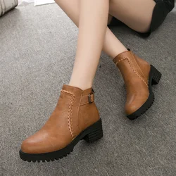 Comemore damskie botki Zipper grube niskie obcasy Vintage skórzane buty dla kobiet pasek z klamrą okrągłe Toe Casual krótkie buty 43