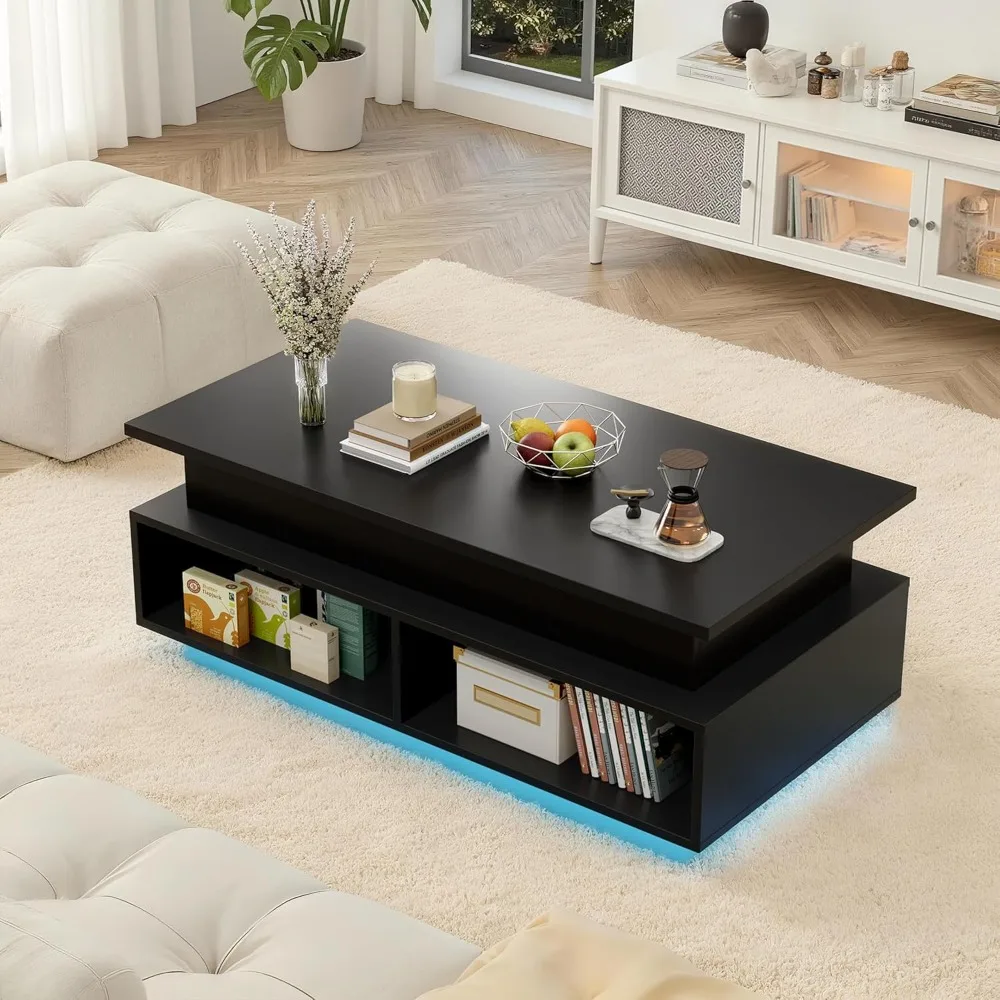 

40 Lift Top Coffee Table with Storage & Multi-Color LED Lights, Modern Square Wood Table with 4 Bottom Organizers for Li