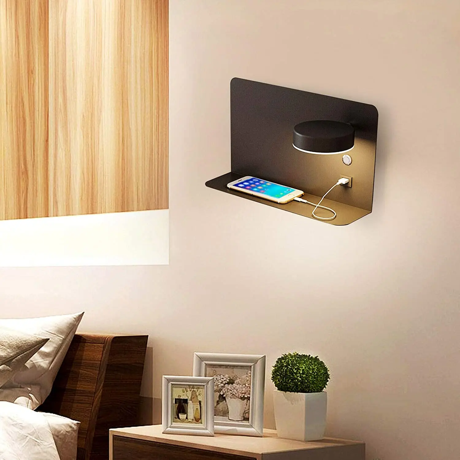 LED Wall Lamp with USB Socket Rechargeable with Bookshelf Shelf Rotatable Lamp Holder Left/Right