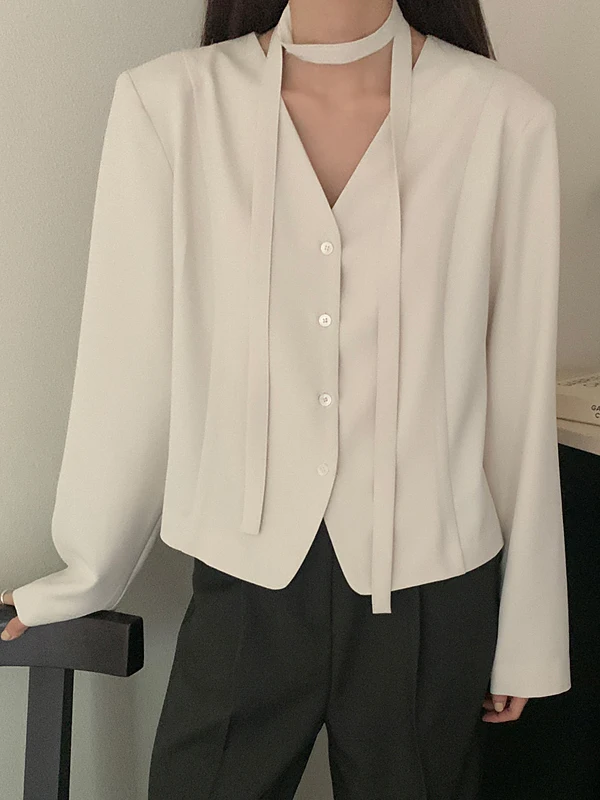 Koreaanse Sle Damespak irt V-Ne Single Button Tie Taille Ele Faionable Long Sve Office Wear Pure Color
