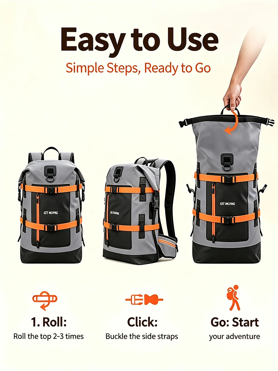 Schwimm-PVC-Packtasche, wasserdichter Rucksack für Damen und Herren, 40L, für Kajak, Trekking, Rafting, Surfen, Bootfahren, Trockentasche – Detail 3