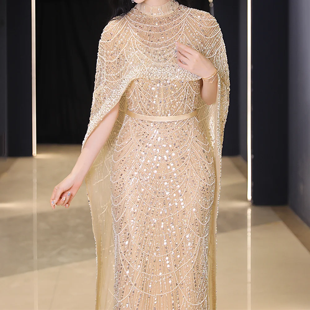 2023 Luxury Dubai Evening Dresses with Cape Heavy Pearls Champagne Formal Occasion Dresses for Women Arabic Wedding Party Gowns