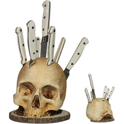 Halloween Skull Knife Holder Horror Kitchen Storage Head Rack Skeleton Knife and Fork Stand Desktop Ornaments Home Decoration