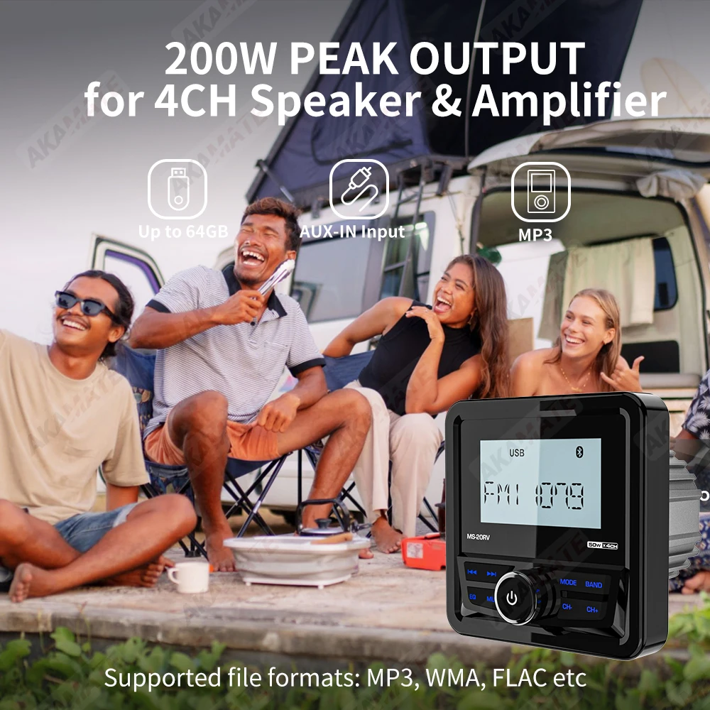 MP3 Stereo Radio For RV Bluetooth FM AM EQ  HD Waterproof IPX5 AUX Multimedia Player for ATV UTV Boat Marine Motorcycle 200W