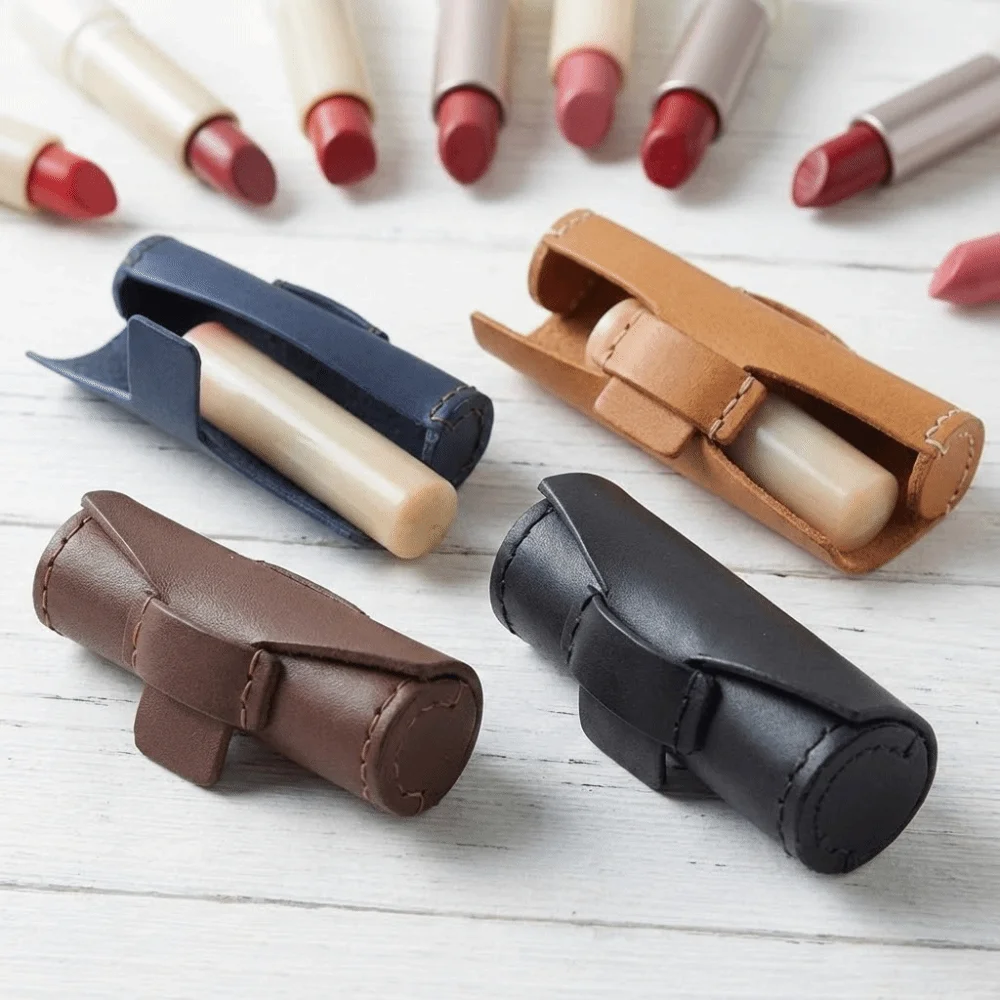 

Round Shape Lipstick Box Exquisite Leather Multi-Function Seal Storage Bag Cylindrical Design Mini Portable