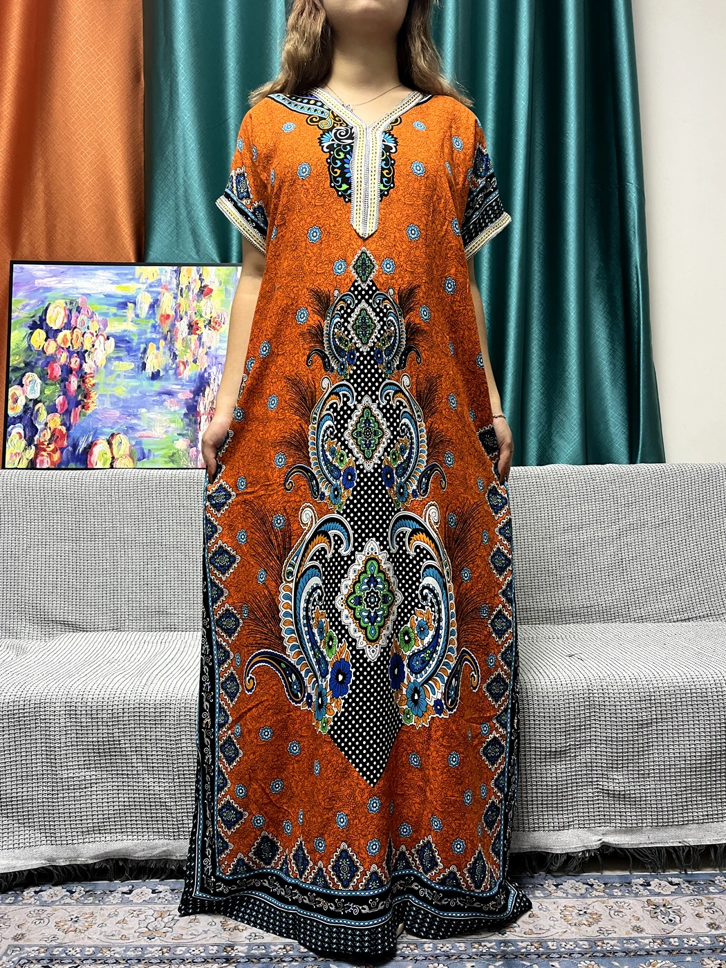 Abayas musulmanes pour femmes, appliques florales imprimées, coton, manches courtes, adt Fit, robe africaine, robes islamiques avec turban