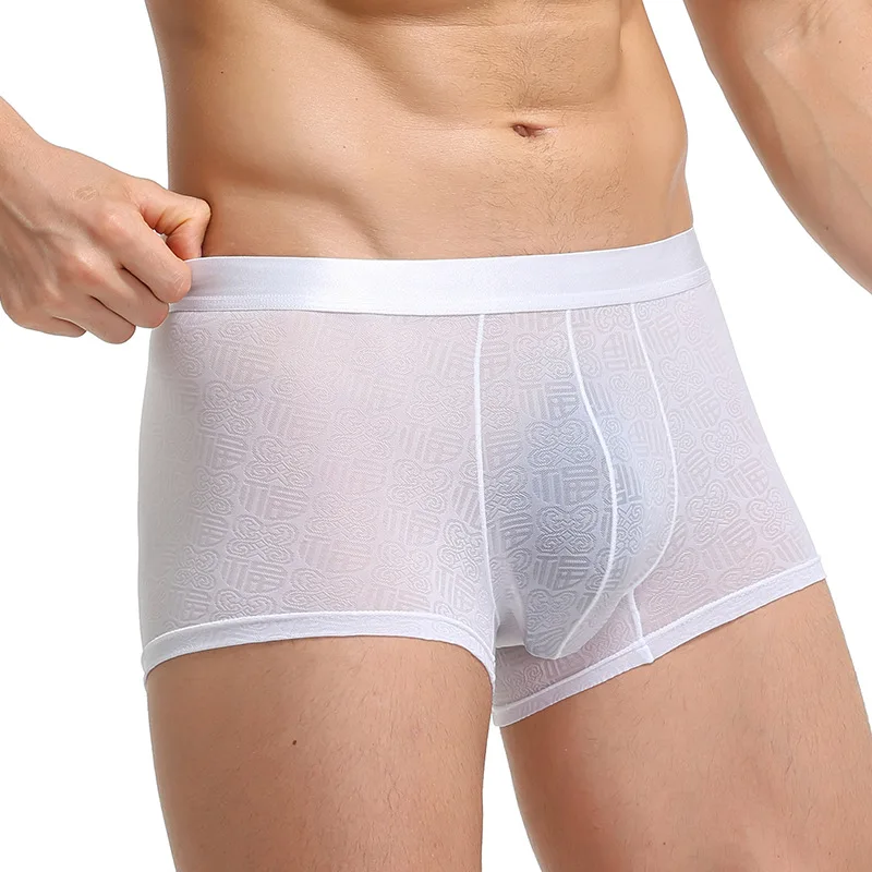 Męskie seksowne nylonowe bezszwowe bokserki Penis Bulge Pouch męska bielizna oddychająca majtki cienkie żakardowe modne kalesony Cueca