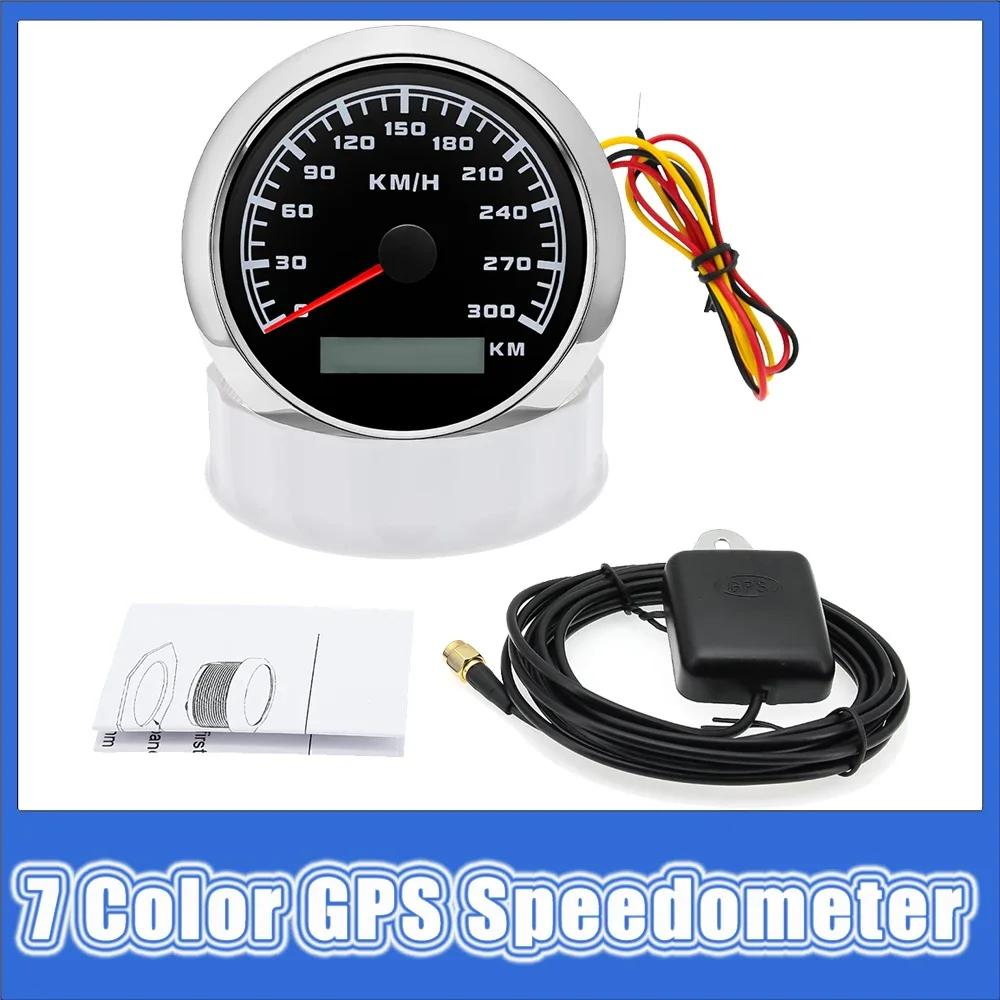 85mm  Boat Car Odometer Speed Gauge 300KM/H WIth GPS Antenna 7 Color Backlight GPS Speedometer For Marine Boat Car ATV