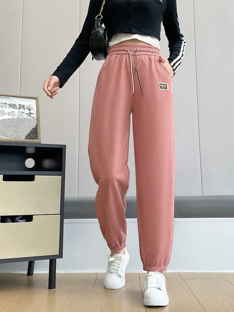 Casual Corduroy Sports Joggers Pants Women Loose Elastic High Waist Trousers Female Autumn Winter Thickened Outdoor Long Pant