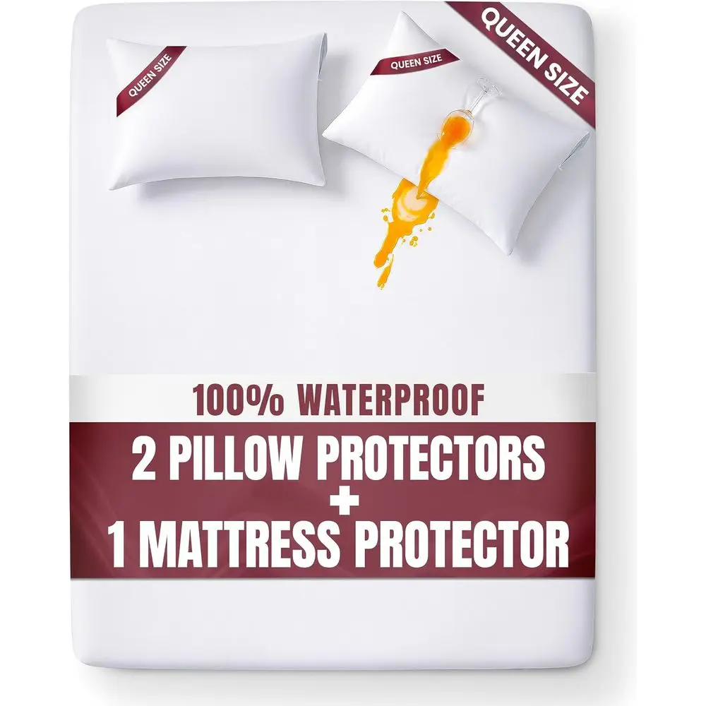 Queen Size Mattress and Pillow Protector Set, Deep Pocket Zippered Covers with All-Around Elastic