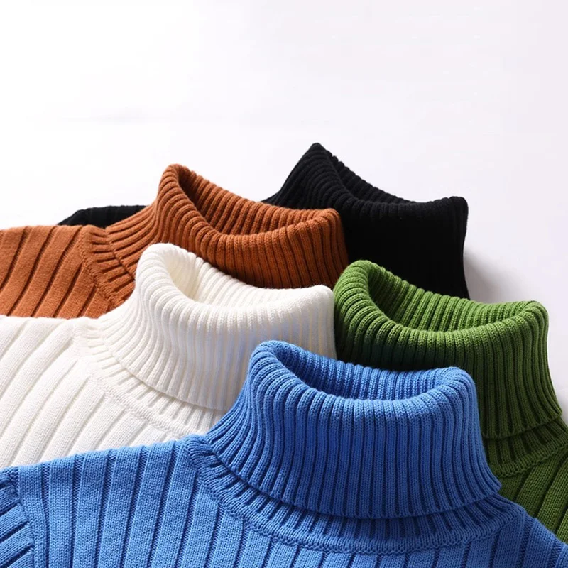 Men's Daily Soft Striped Knitted Sweaters Thermal Cotton Fabric Pullovers Stacked High Collar Slim Fit Long Sleeve Clothes Male