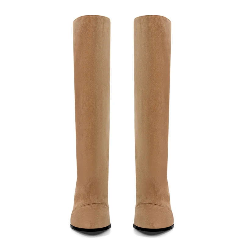 Onlymaker Woman Pointed Toe Wedge Heel Knee High Boots Winter Fashion Pull-On Handmade Boots