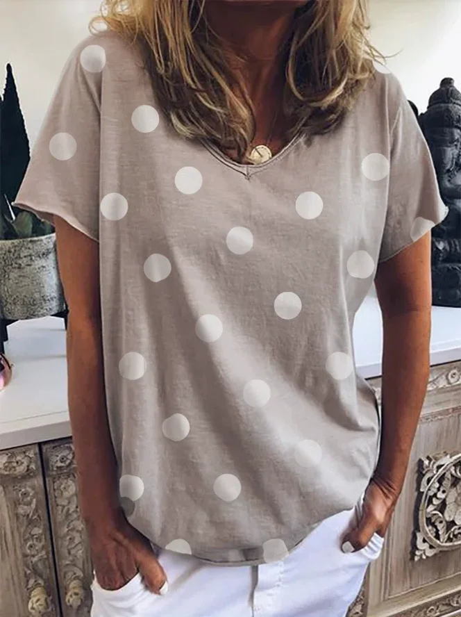تي شيرت نسائي فضفاض بنقشة البولكا دوت وأكمام قصيرة، تصميم عصري برقبة مستديرة وطباعة، قميص صيفي كاجوال بمقاسات كبيرة وأكمام نصفية