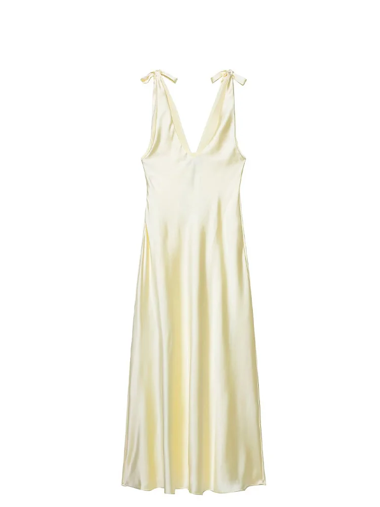 HH الصيف امرأة أنيقة الخامس الرقبة القوس الديكور الجانب زيبر الأصفر شيك فستان الحفلات المرأة بلا أكمام عارية الذراعين فستان طويل مثير