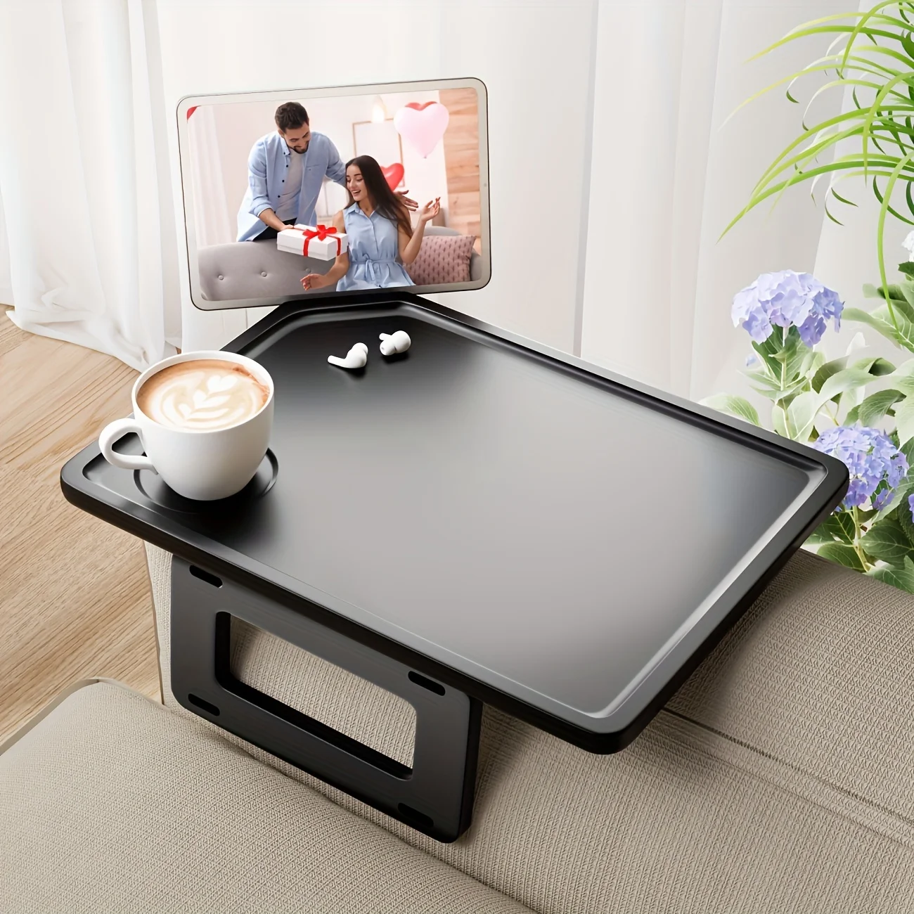 Foldable Bamboo Armrest Tray With Phone Holder - Multifunctional Black Rectangular Sofa Table, Perfect For Snacks, Meals, And