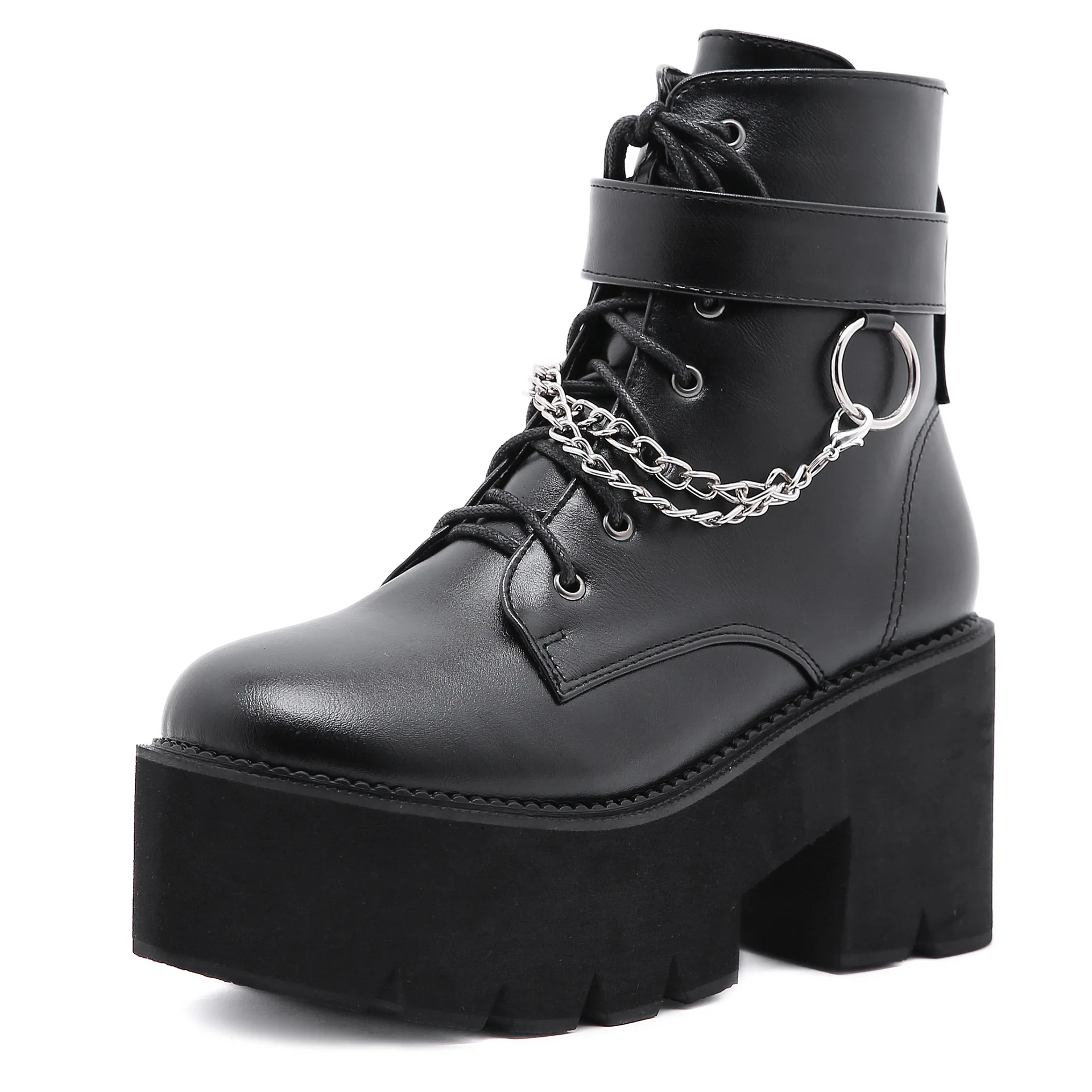 

8cm Gothic Black Ankle Boots For Women Plus High Heel Female Shoes Lace-Up Nigh Club Black Sexy Rivets Chain Short Boots