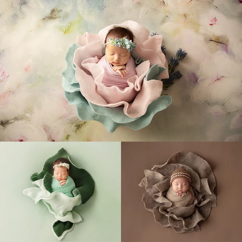 

Newborn Photography Colorful Wool Felt Wrapped Baby Posing Petals Wrapped Props Studio Photo Shooting Basket Filler Accessories