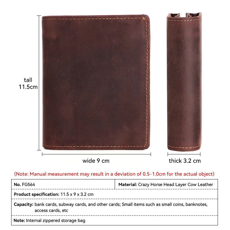 Retro Crazy Horse Leather Short Wallet Vertical Style First Layer Leather Card Wallet Simple Card Slots Purse Money Bag Wonen