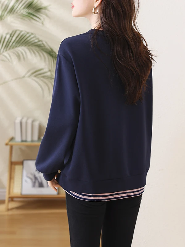 Casual Stripe Patchwork Loose Long Sve round Ne Sweatirt plus Size Women's Faion Autumn New Sle Versatile Top