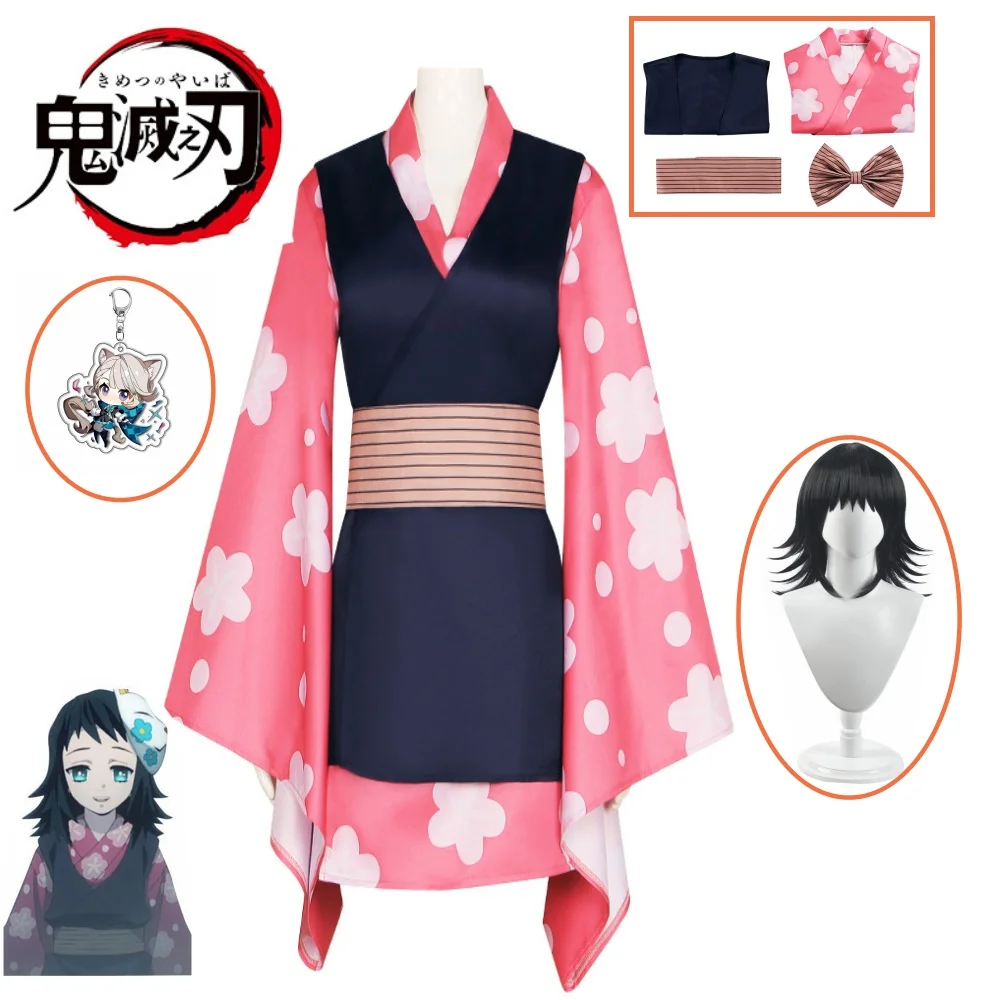 Kostum Cosplay Anime Makomo seragam Kimono wanita Wig topeng PVC kostum karnaval pesta Halloween