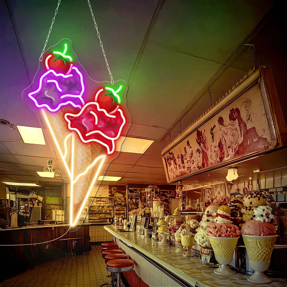 

Double Cone of Strawberry Ice Cream Neon Sign Custom Ice Cream Shop LED Neon Light for Coffee Shop Business Led logo Decor Sign
