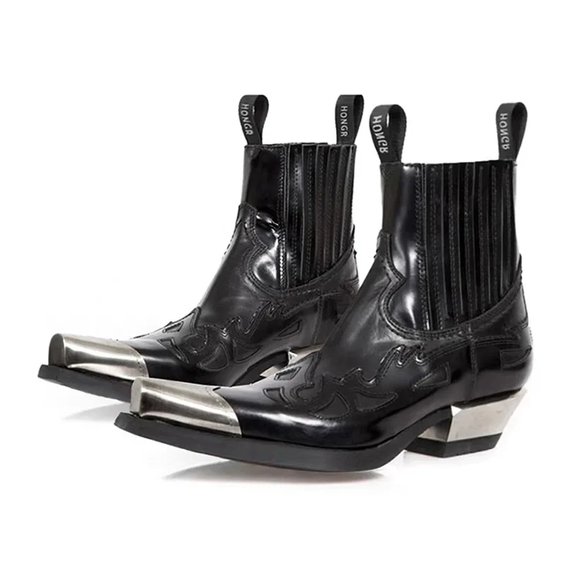 

Unisex Retro Thick Heeled Mid Tube Boots Women's Men British Autumn Versatile Denim Boots Metal Pointed Chelsea Short Boot 35-45