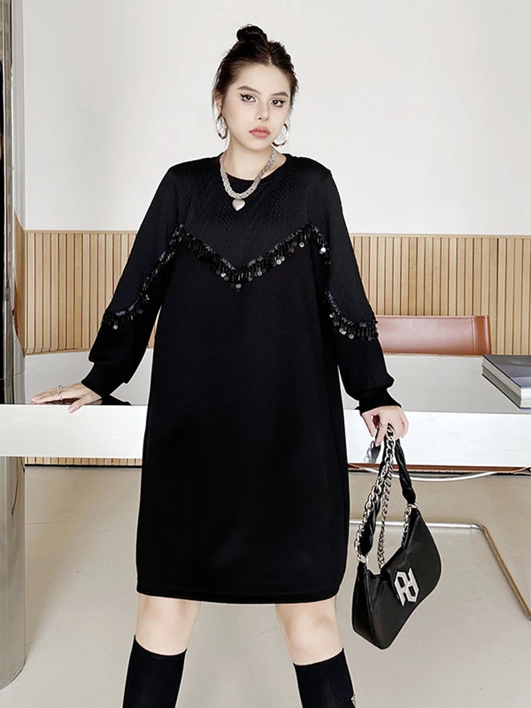 NYFS 2024 شتاء جديد فساتين امرأة Vestidos رداء Elbise فضفاض حجم كبير مطرز الترتر المرقعة فستان طويل