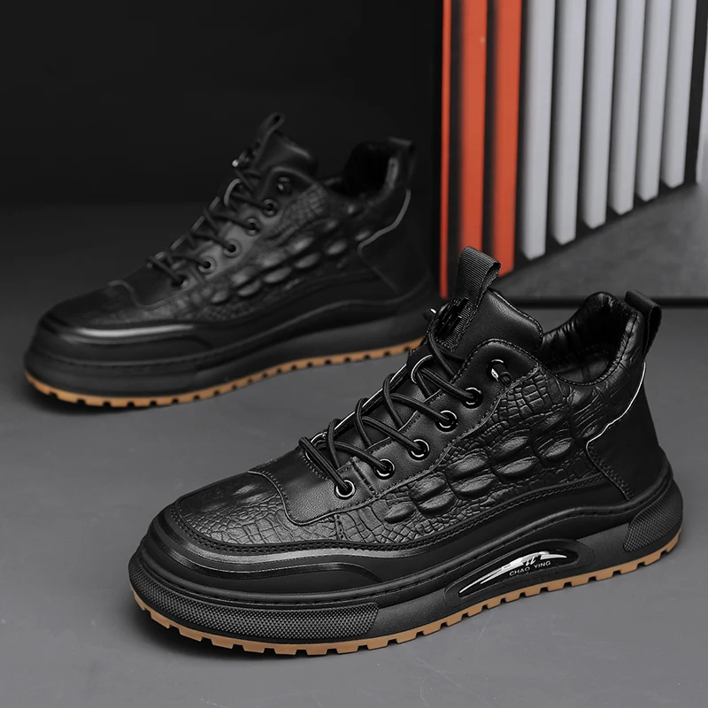 Crocodile Print Men Shoes Retro Design Leather Casual Sneakers Autumn Platform Walking Shoes for Men New Slip on Tenis Masculino