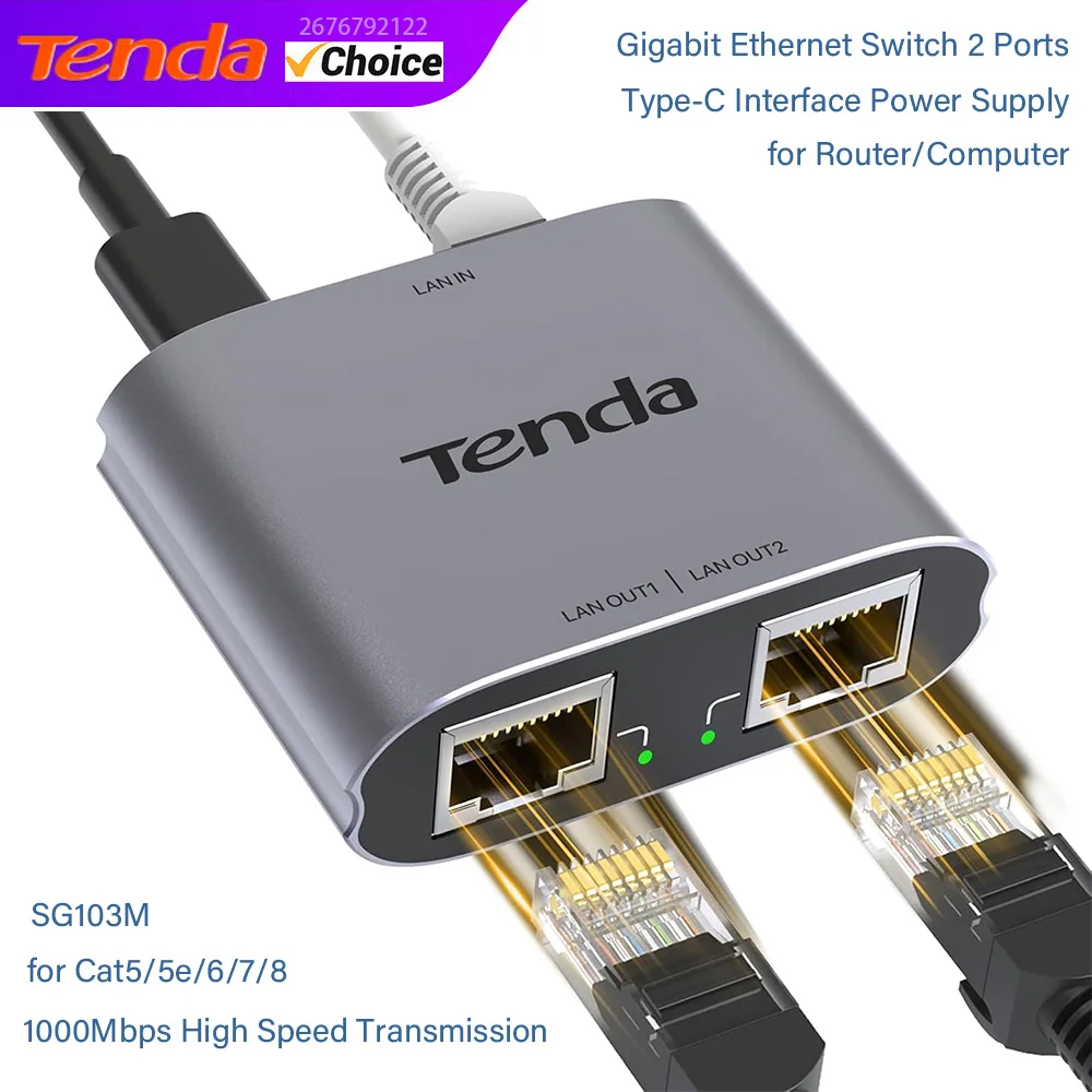 Tenda SG103M Gigabit RJ45 Ethernet Switch 2 Ports Ethernet Duplicator Splitter for Router/Computer fro Cat5/5e/6/7/8 1000Mbps