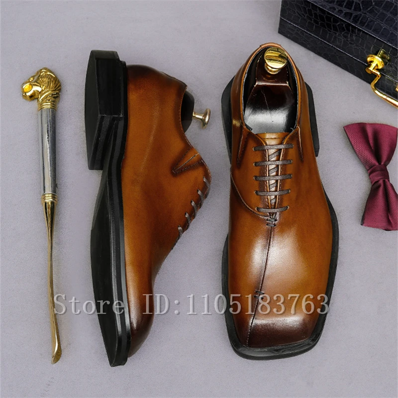 Men's Square Toe Oxford Dress Shoes Splicing Design Genuine Leather Lace Up Handmade Formal Wedding Party Business Shoes