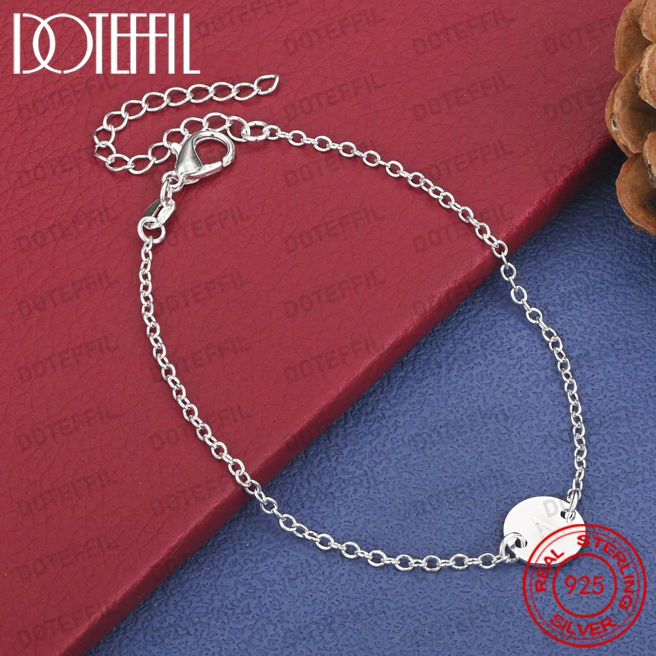 Exquisite 925 Sterling Silver Round 26 Letter Chain Bracelet for Women, Fashionable Wedding Gift, Party Jewelry