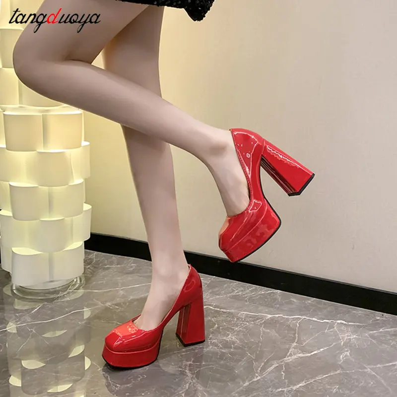 12cm Chunky High Heel black red Pumps Women white Wedding shoes Round Toe Fashion Patent Leather Mary Jane shoes Plus Size 43