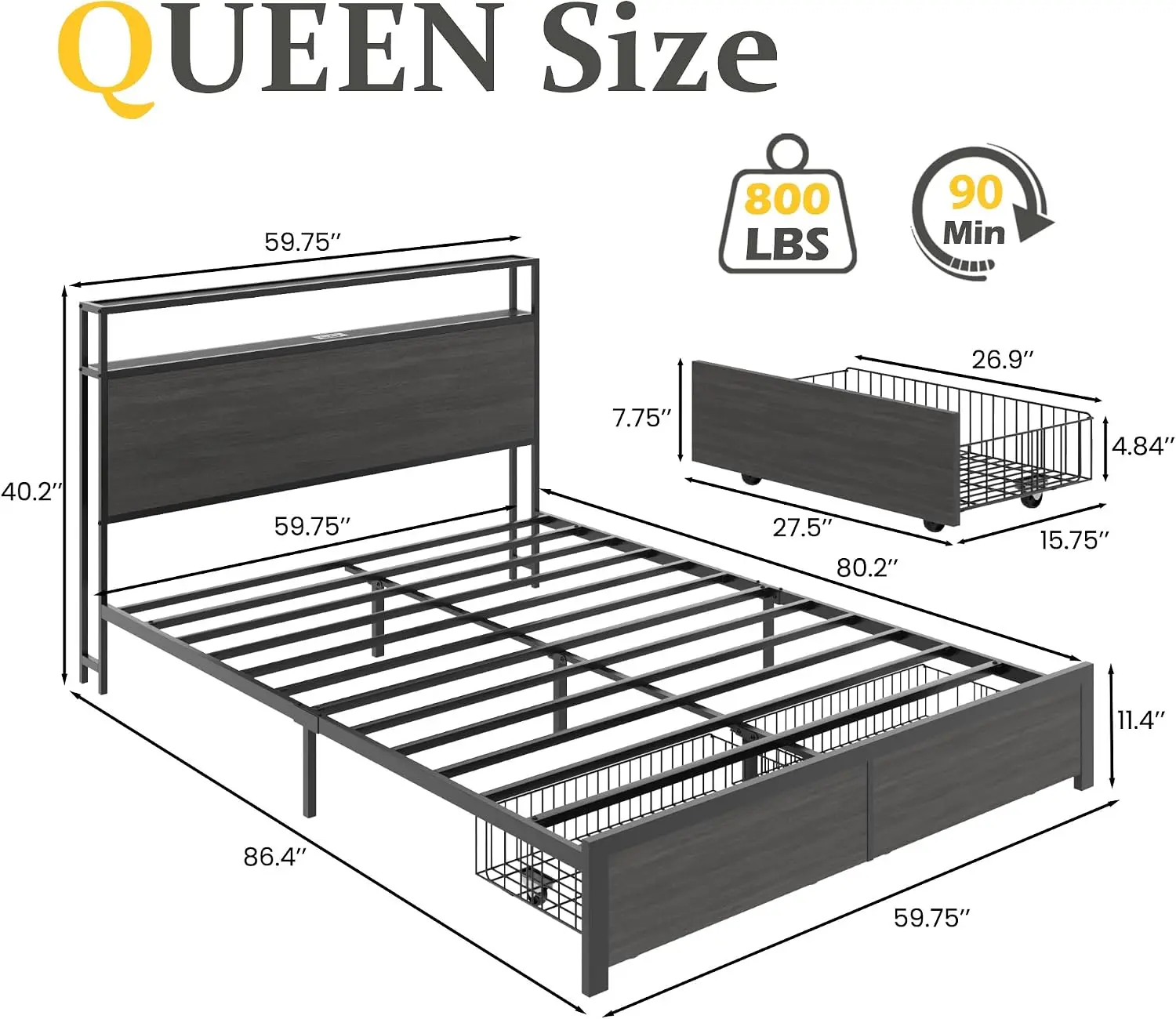 Queen Bed Frame with 2-Tier Storage Headboard, Bedroom Metal Bed Frame with 2 Storage Drawers & Fast-Charging, Customized