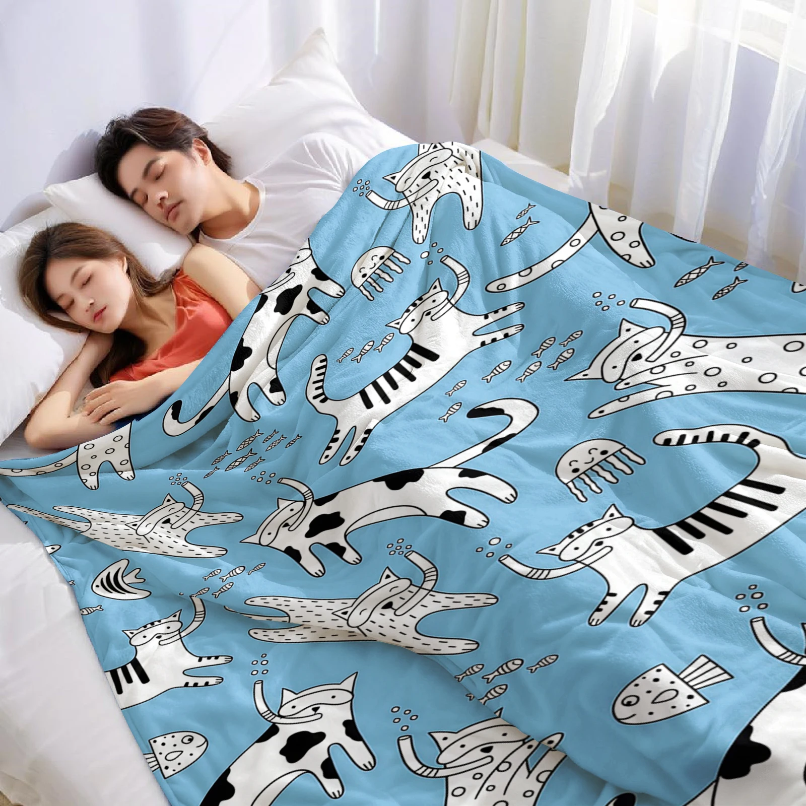 Diving Cats and Fish Halloween Flannel Fleece Blanket Fluffy Warm Cozy Throw for Sofa Bedroom Home Holiday Decoration Gift