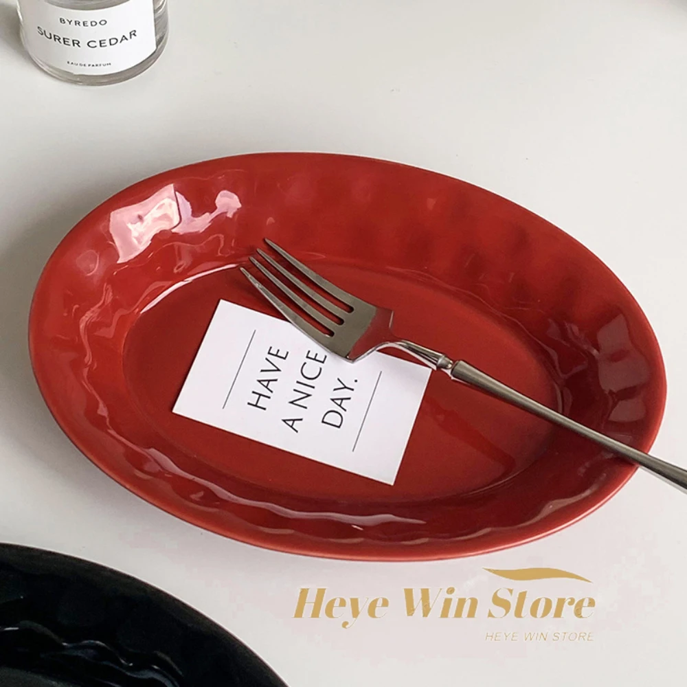 24cm Solid Color Oval Restaurant Homehold Korean Ceramic Plate Food Container Fruit Salad Pasta Snacks Plates Kitchen Supplies