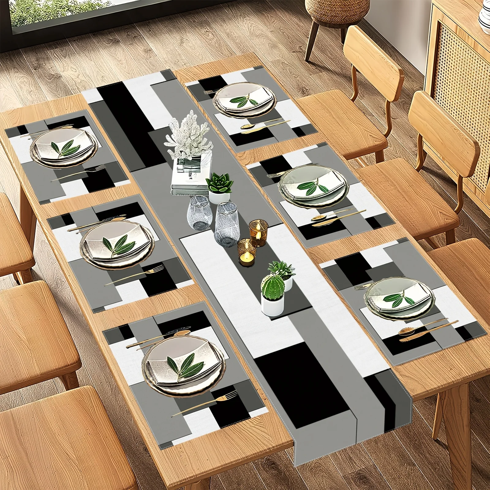 

VIKAMA 5/7PC Geometric Placemat Table Flag Set Minimalist Green Plant Accents Restaurant Cafe Decor Modern Minimalist Style